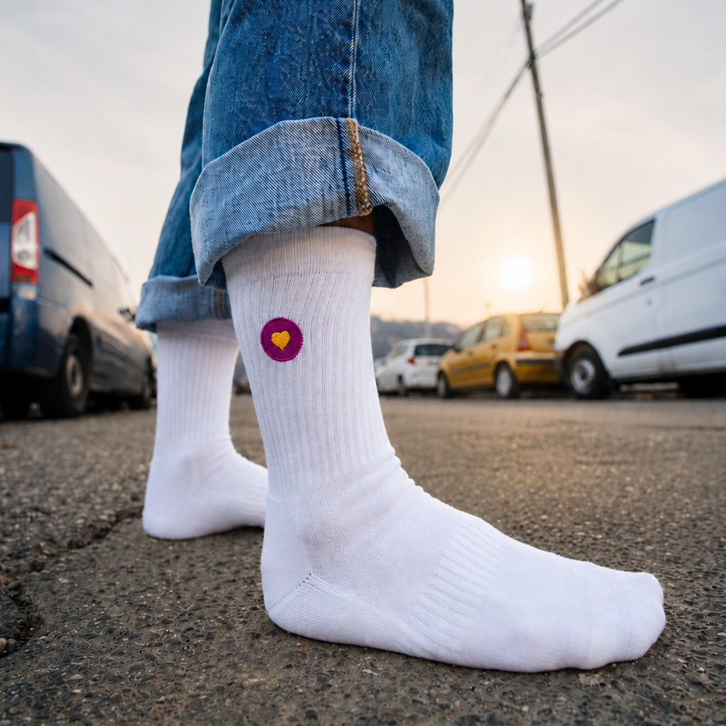 Weisse Premium Socken aus Bio-Baumwolle mit aufgesticktem violettem Herzlogo. Im Hintergrund ist eine urbane Strasse zu sehen.
